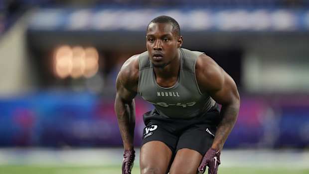 Mar 3, 2023; Indianapolis, IN, USA; Virginia Tech defensive back Chamarri Conner (DB43) participates in drills at Lucas Oil Stadium. Mandatory Credit: Kirby Lee-USA TODAY Sports